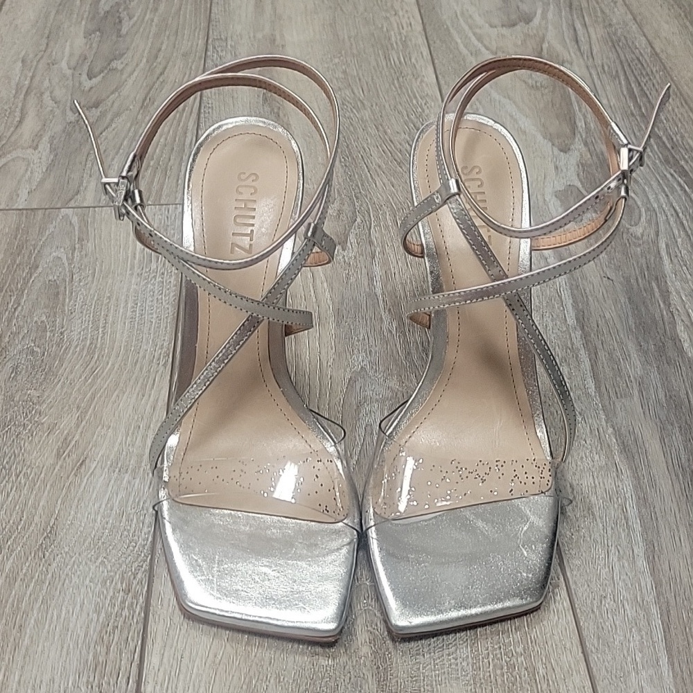 Schutz Size 9 1/2 Silver Aisha Leather & Vinyl Sandal NWT - Picture 5 of 11